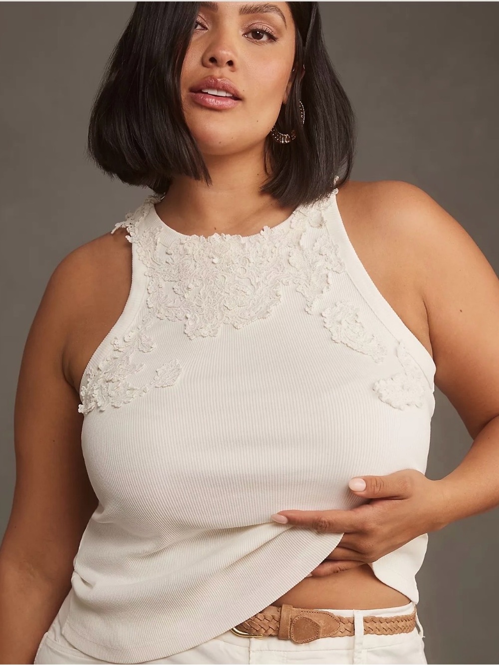Anthropologie Pippah White Ribbed Lace-Appliqué Bandeau Tank